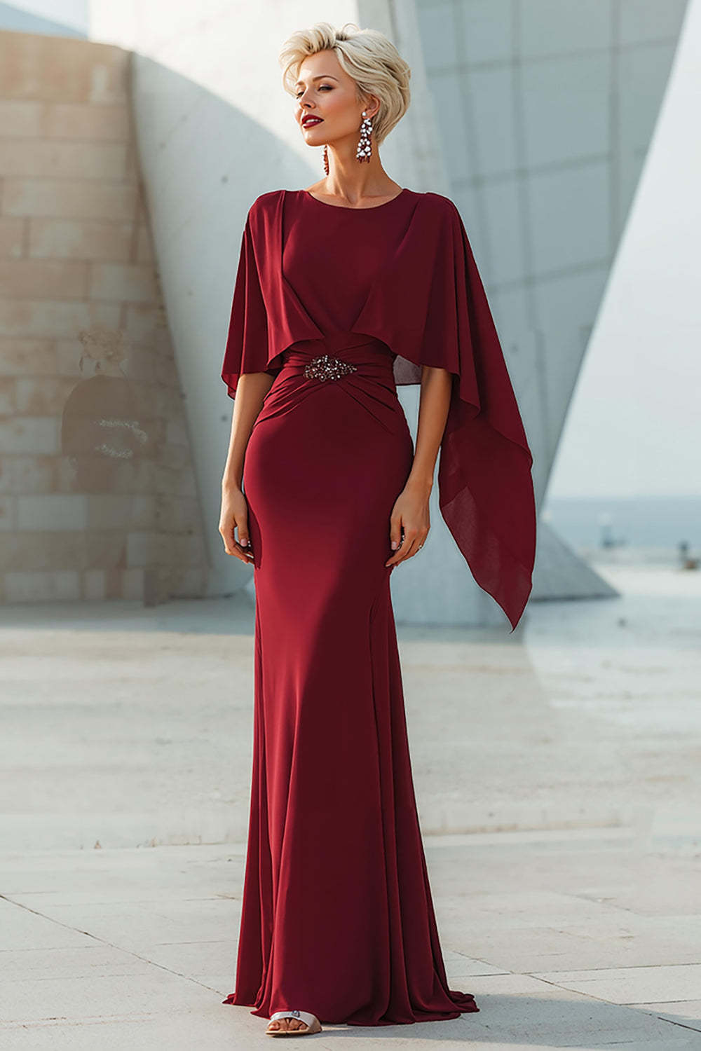 Dreamyannie Burgundy Mermaid Ruffled Long Mother Of The Bride Dress With Cape