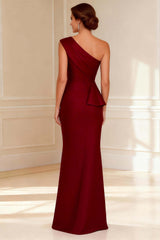 Dreamyannie Burgundy One Shoulder Satin Mermaid Long Mother Of The Bride Dress With Slit