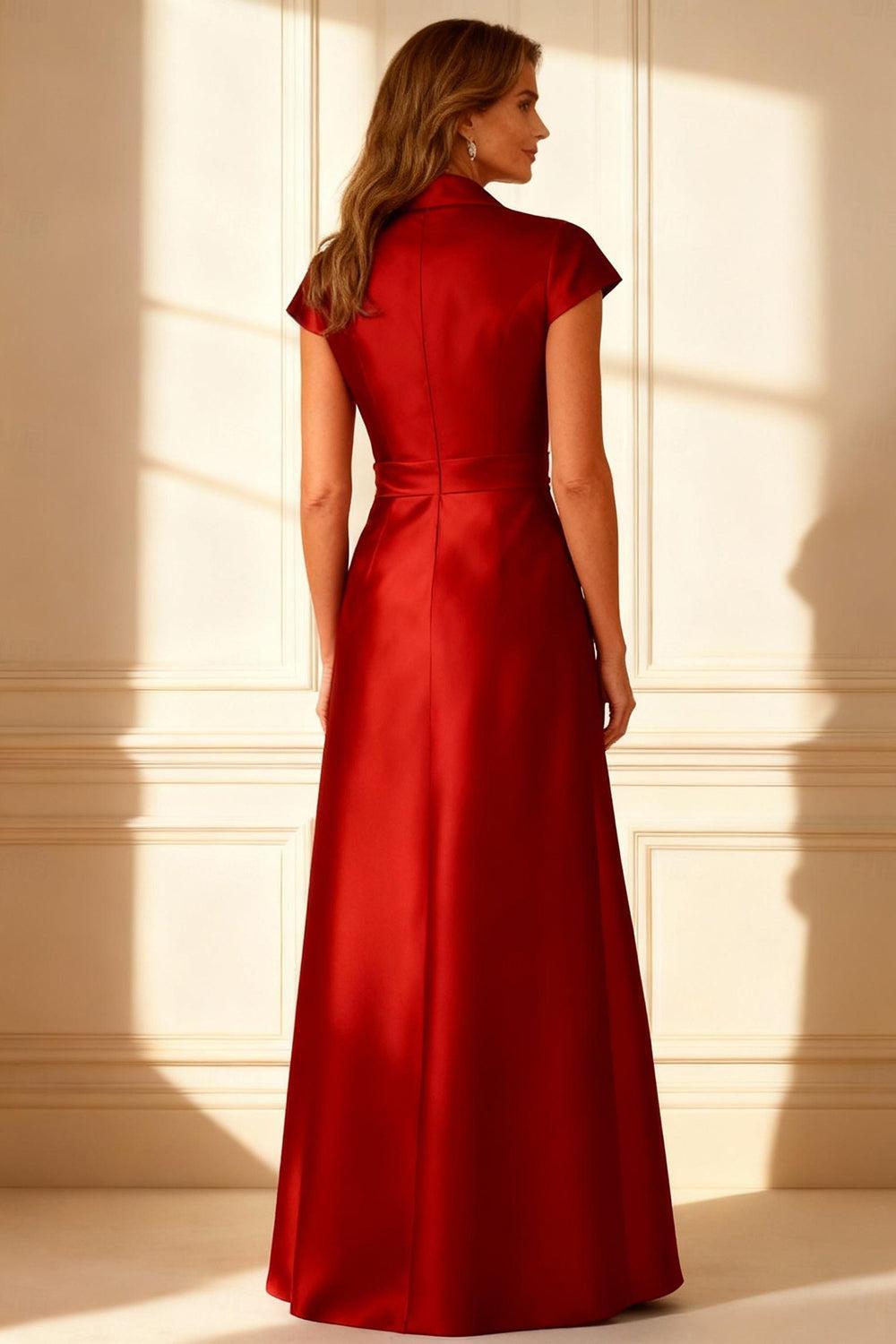 Dreamyannie Burgundy Satin Shawl Lapel A Line Floor Length Mother Of The Bride Blazer Dress With Sash