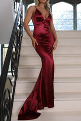 Dreamyannie Burgundy Satin Spaghetti Strap Mermaid Prom Dress With Open Back Formal Evening Gown
