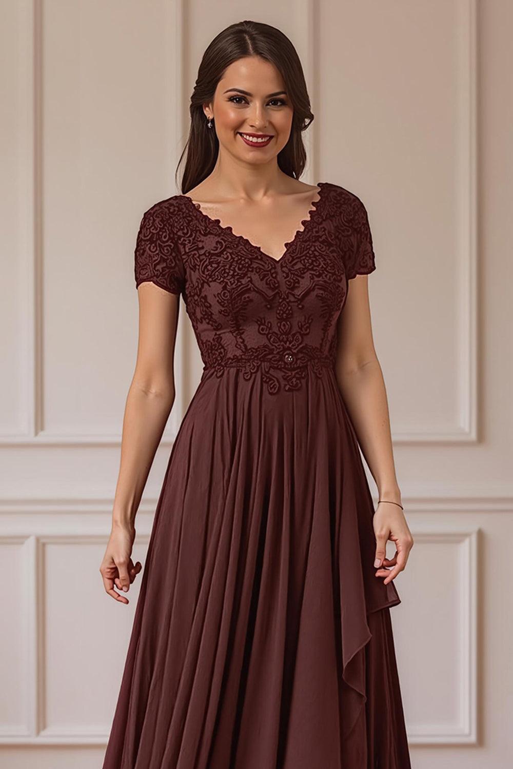 Dreamyannie Burgundy V Neck A Line Floor Length Mother Of The Bride Dress With Lace