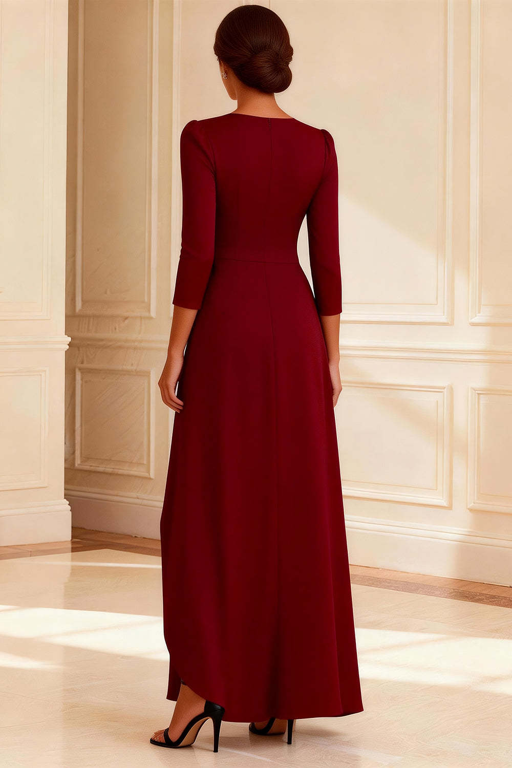Dreamyannie Burgundy V Neck A Line Ruched Long Mother Of The Bride Dress With Slit