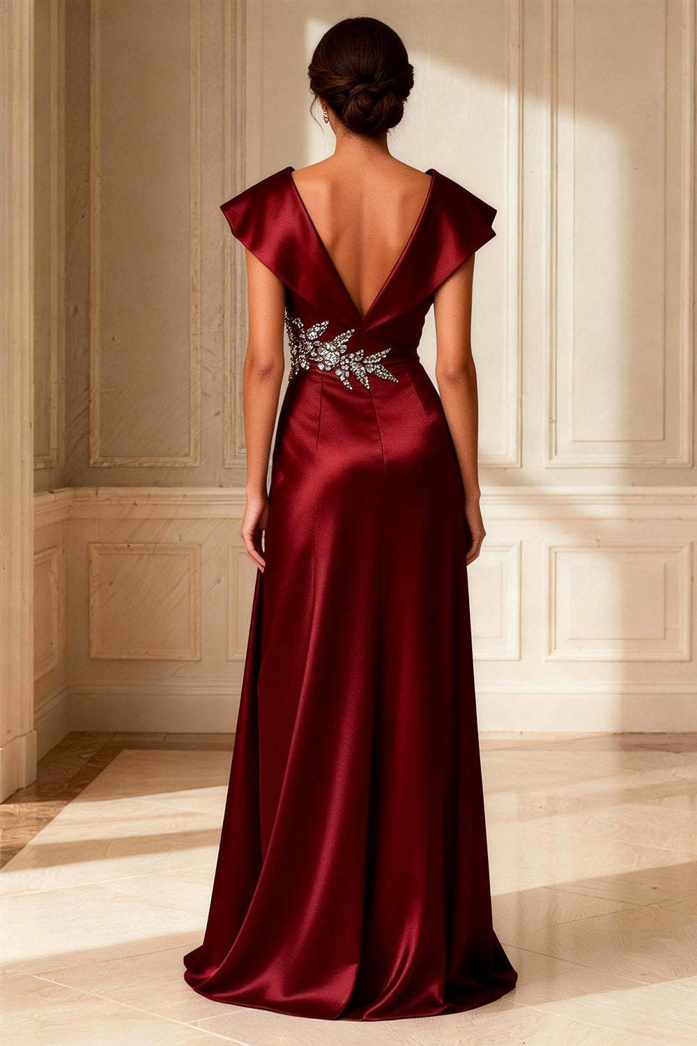Dreamyannie Burgundy V Neck A Line Satin Long Mother Of The Bride Dress With Slit