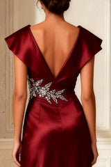 Dreamyannie Burgundy V Neck A Line Satin Long Mother Of The Bride Dress With Slit