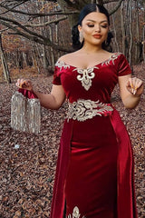 Dreamyannie Burgundy Velvet Christmas Party Dress Appliques Short Sleeve Formal Dress