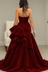 Dreamyannie Burgundy Velvet Dress High Low Halter Neck Ruffled Formal Evening Dress
