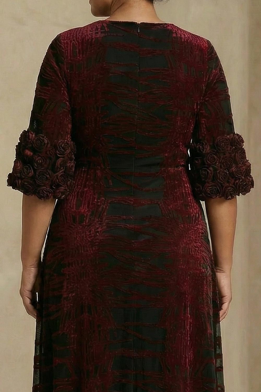 Dreamyannie Burgundy Velvet Floral Sheath Long Mother Of The Bride Dress With Slit