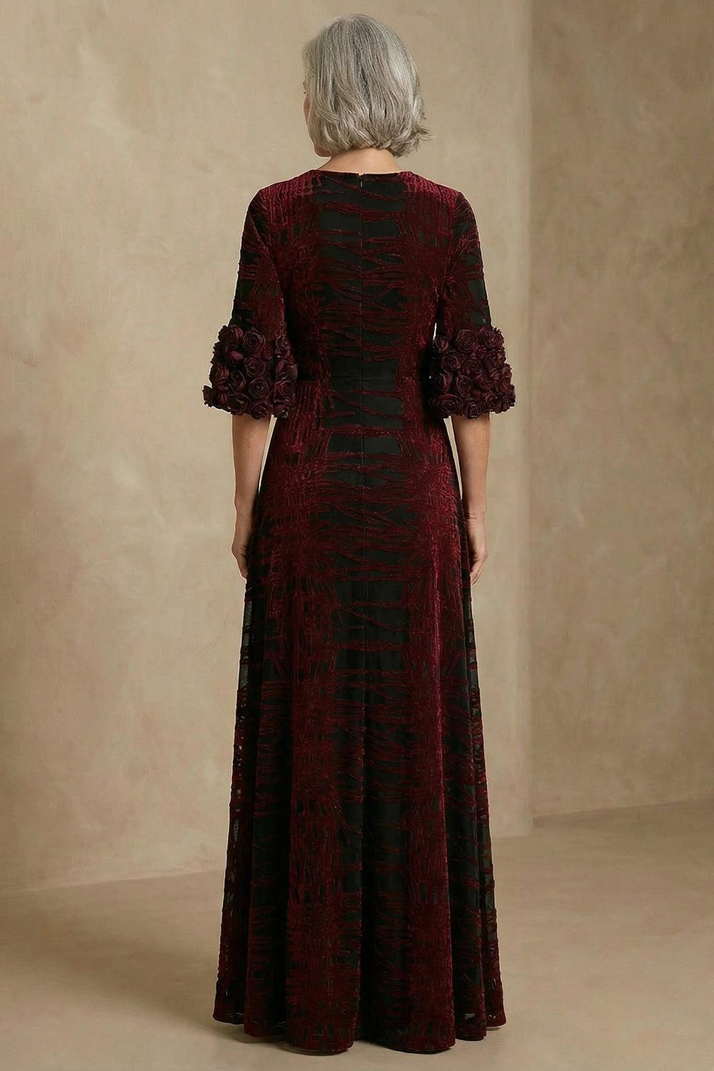 Dreamyannie Burgundy Velvet Floral Sheath Long Mother Of The Bride Dress With Slit