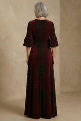 Dreamyannie Burgundy Velvet Floral Sheath Long Mother Of The Bride Dress With Slit