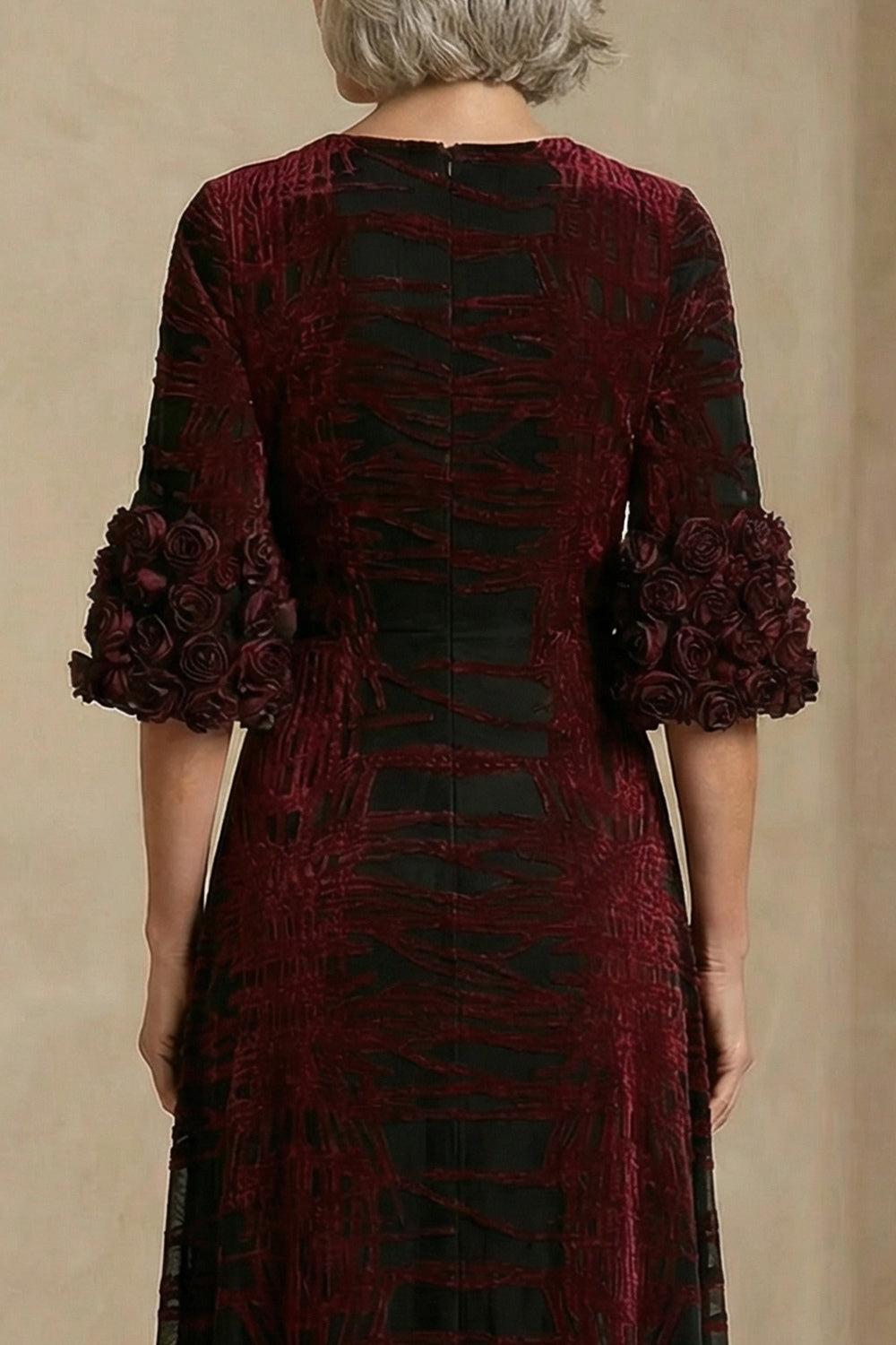 Dreamyannie Burgundy Velvet Floral Sheath Long Mother Of The Bride Dress With Slit