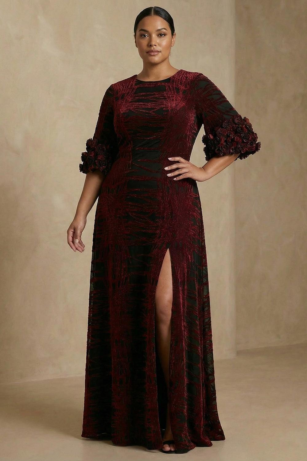Dreamyannie Burgundy Velvet Floral Sheath Long Mother Of The Bride Dress With Slit