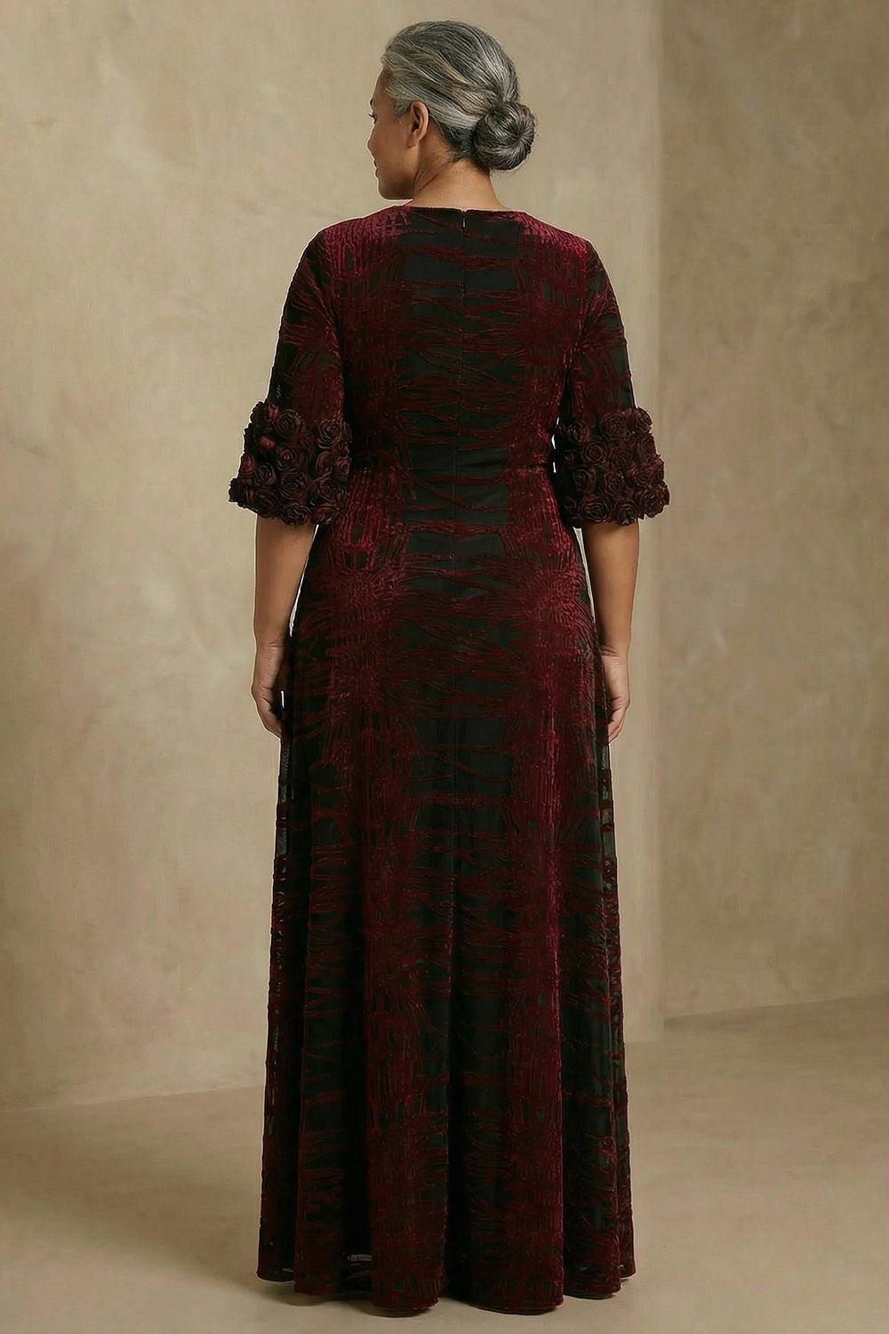 Dreamyannie Burgundy Velvet Floral Sheath Long Mother Of The Bride Dress With Slit