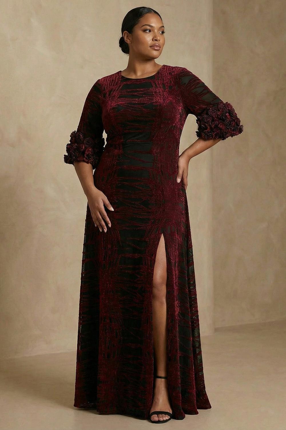 Dreamyannie Burgundy Velvet Floral Sheath Long Mother Of The Bride Dress With Slit