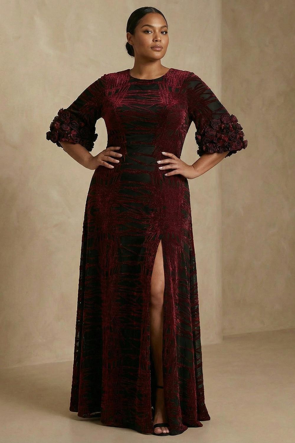 Dreamyannie Burgundy Velvet Floral Sheath Long Mother Of The Bride Dress With Slit