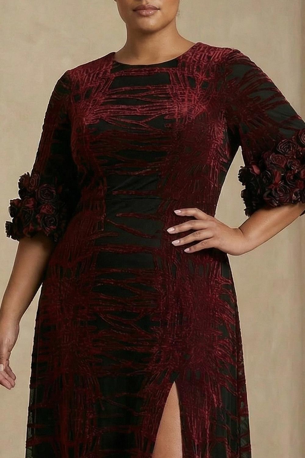 Dreamyannie Burgundy Velvet Floral Sheath Long Mother Of The Bride Dress With Slit