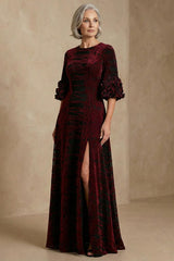 Dreamyannie Burgundy Velvet Floral Sheath Long Mother Of The Bride Dress With Slit