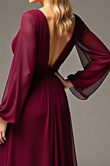 Dreamyannie Burgundy Wedding Guest Dress Chiffon V-Neck Ruched Long Formal Dress