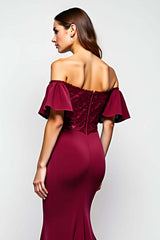 Dreamyannie Burgundy Wedding Guest Dress Mermaid Off The Shoulder Long Formal Dress With Ruffles