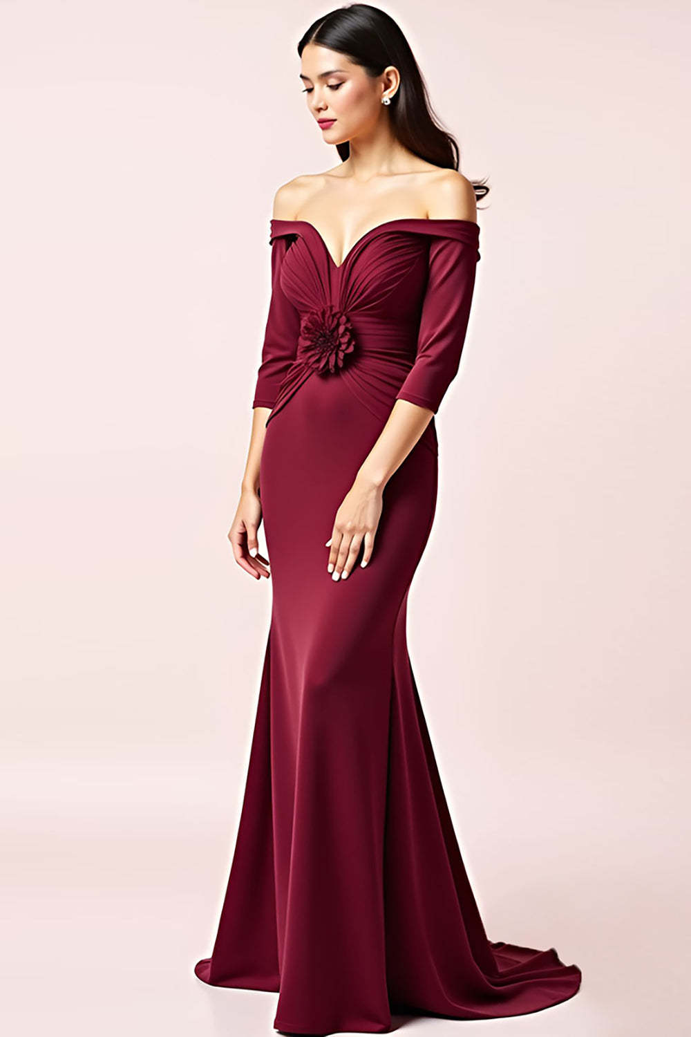 Dreamyannie Burgundy Wedding Guest Dress Off The Shoulder Long Sleeves Ruched Formal Dress