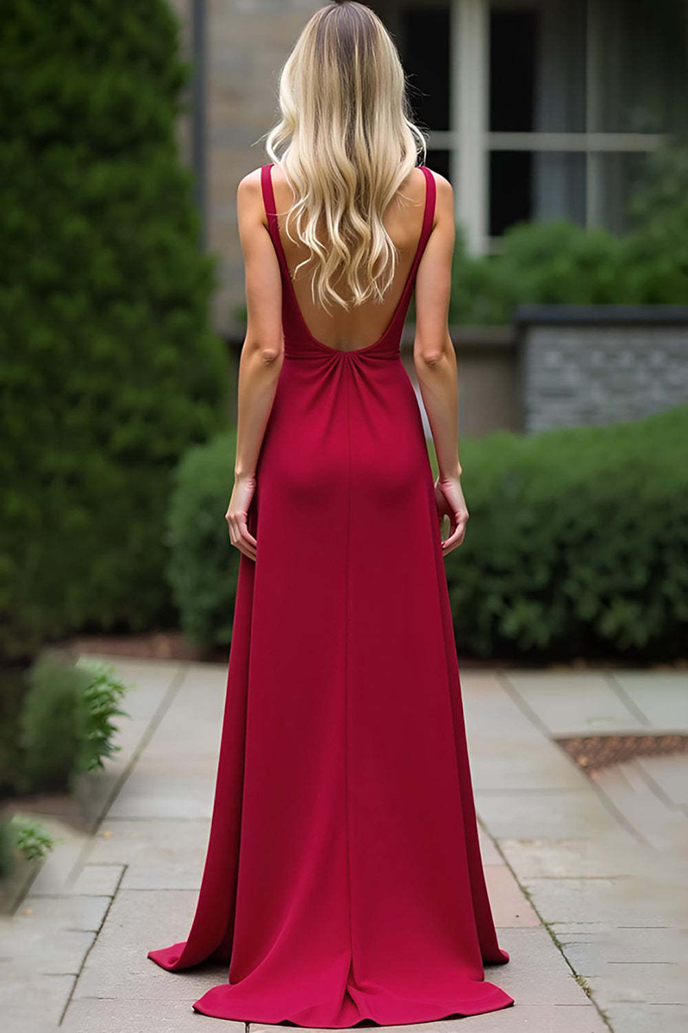 Dreamyannie Burgundy Wedding Guest Dress Ruched Deep V-Neck Spaghetti Straps Long Formal Dress