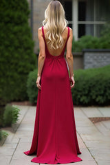Dreamyannie Burgundy Wedding Guest Dress Ruched Deep V-Neck Spaghetti Straps Long Formal Dress