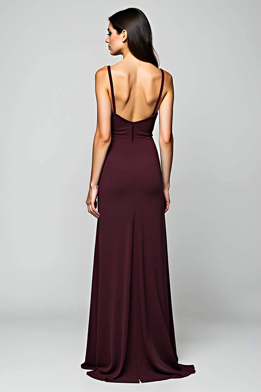 Dreamyannie Cabernet Satin Backless Deep V-Neck Long Formal Dress