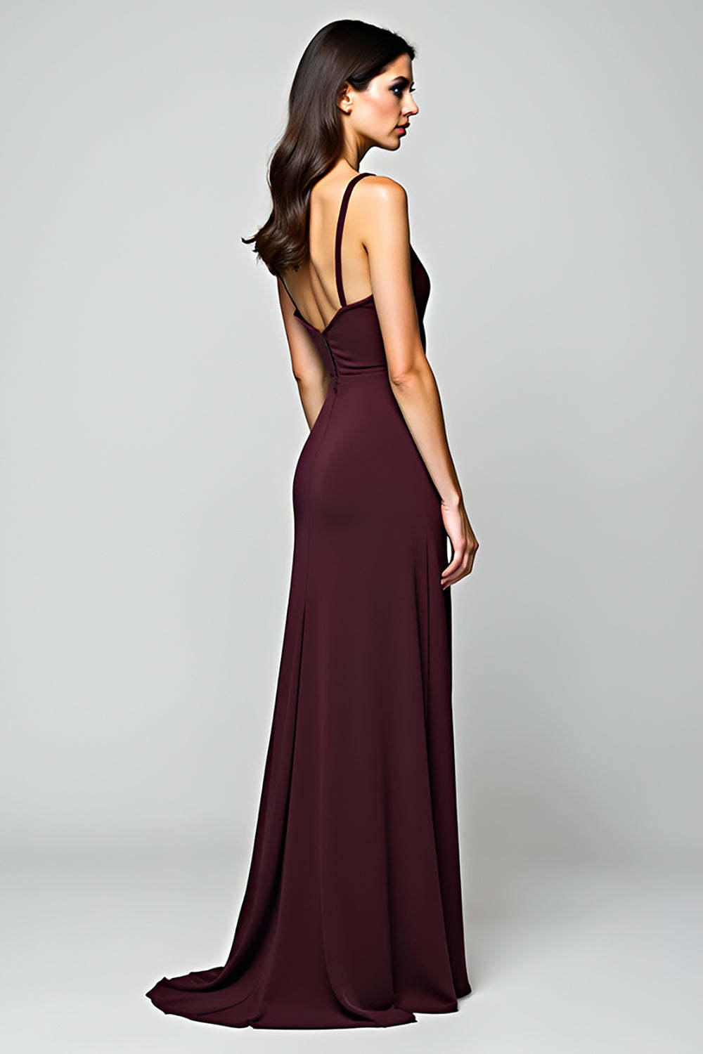 Dreamyannie Cabernet Satin Backless Deep V-Neck Long Formal Dress