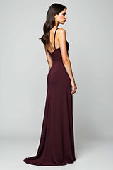 Dreamyannie Cabernet Satin Backless Deep V-Neck Long Formal Dress