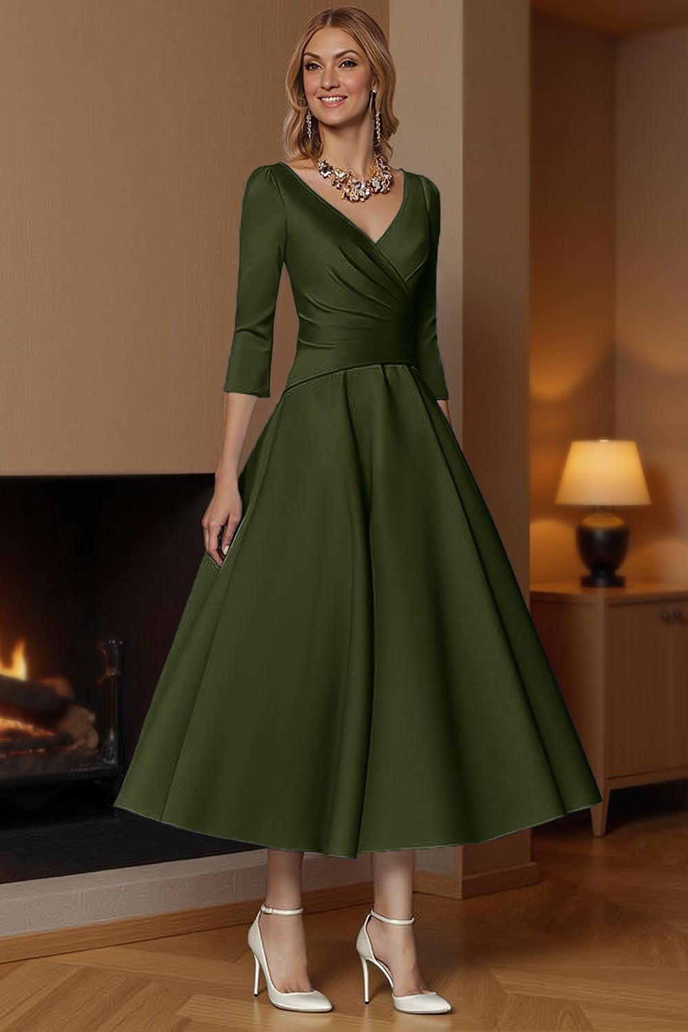 Dreamyannie Champagne A Line Ankle Length Satin Mother Of The Bride Dress With Sleeves