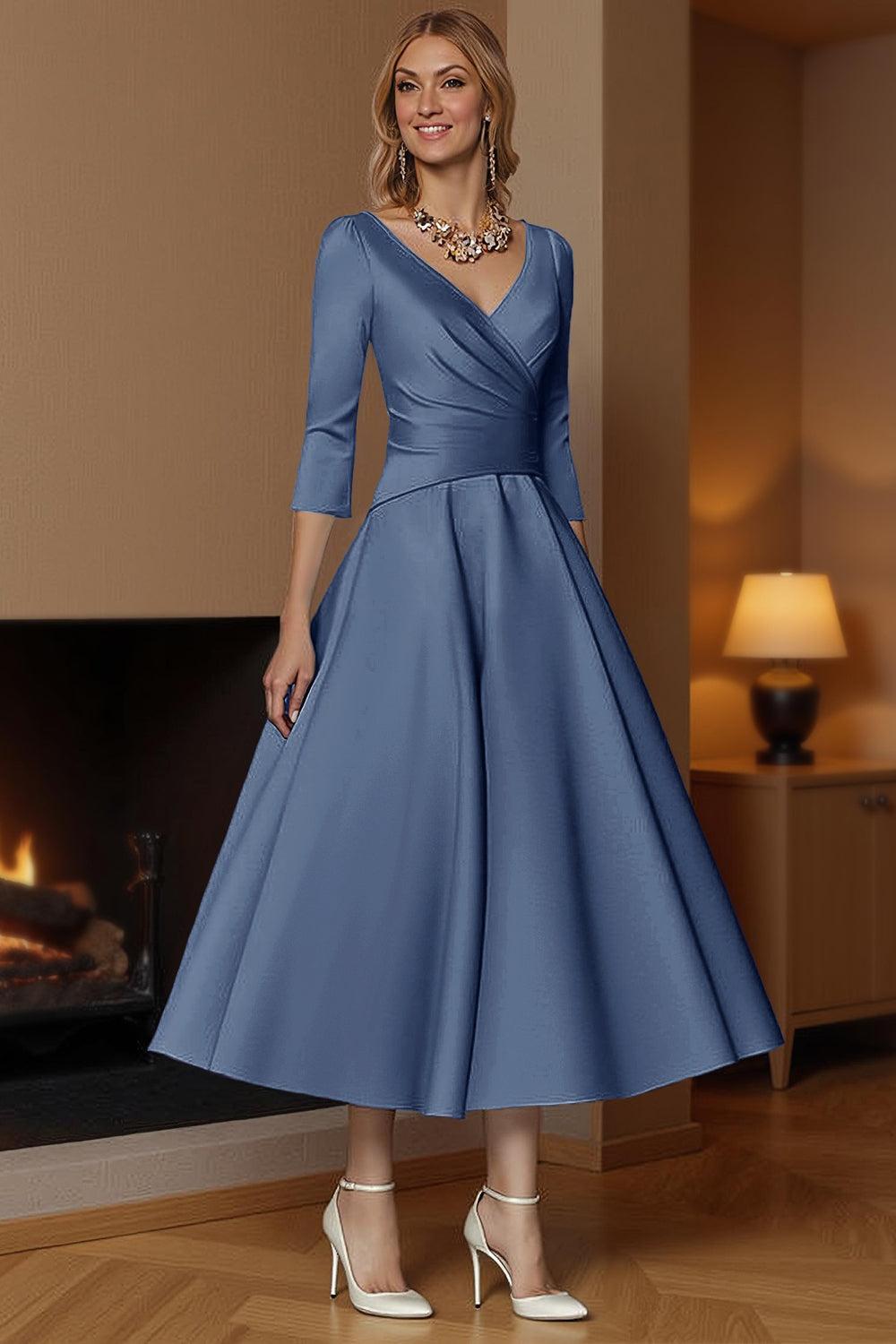 Dreamyannie Champagne A Line Ankle Length Satin Mother Of The Bride Dress With Sleeves