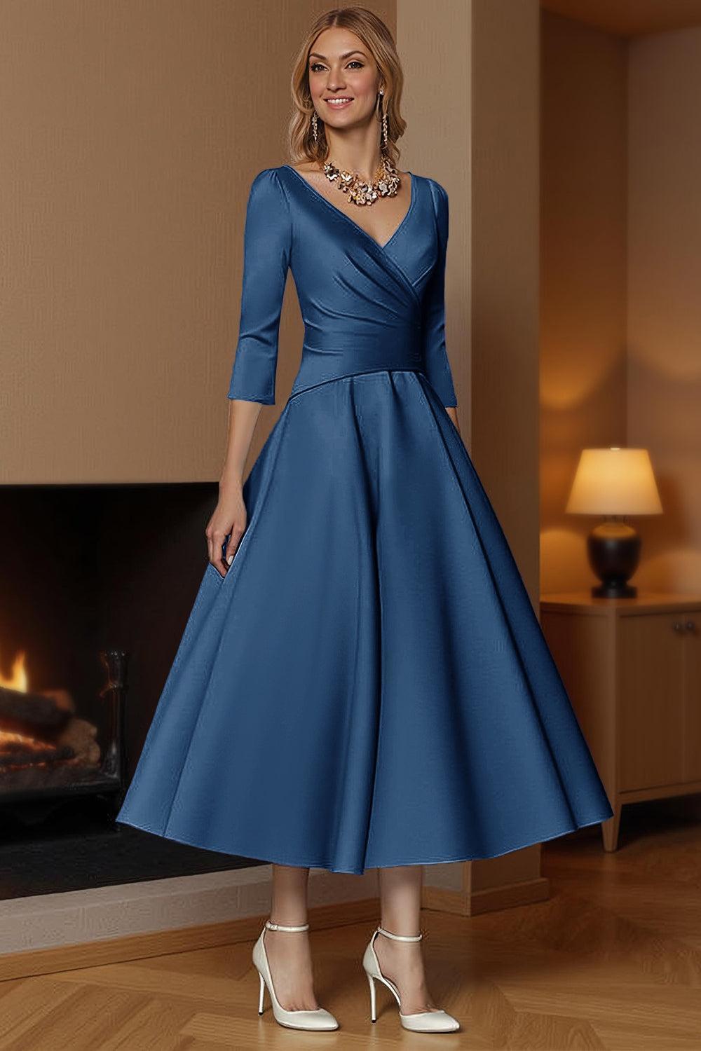 Dreamyannie Champagne A Line Ankle Length Satin Mother Of The Bride Dress With Sleeves
