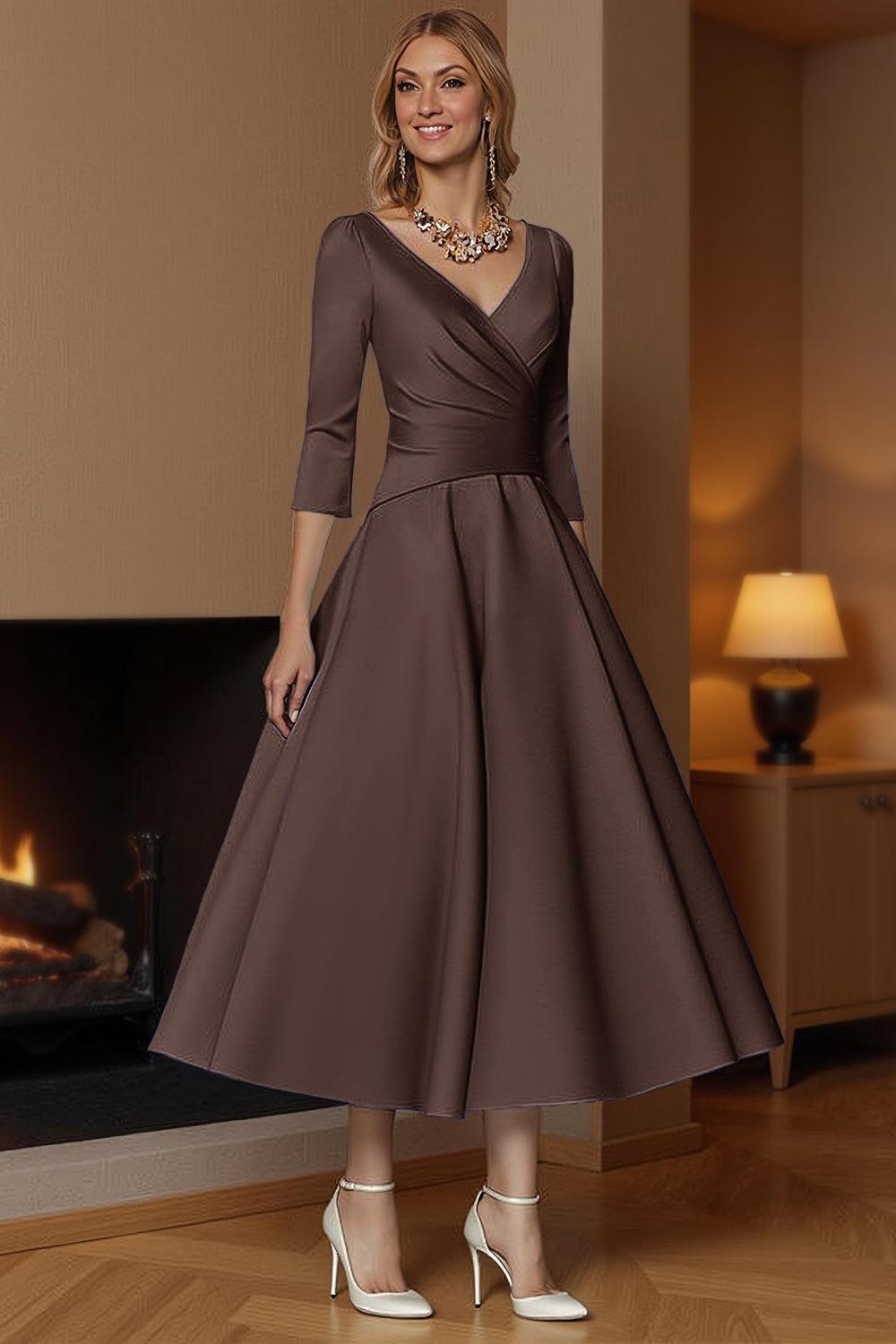 Dreamyannie Champagne A Line Ankle Length Satin Mother Of The Bride Dress With Sleeves