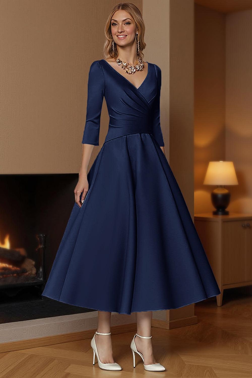Dreamyannie Champagne A Line Ankle Length Satin Mother Of The Bride Dress With Sleeves