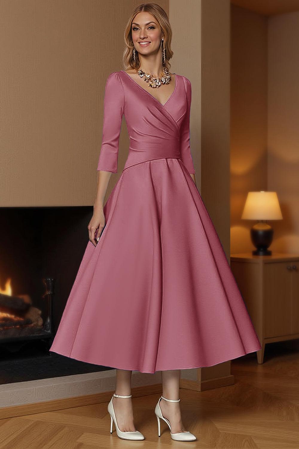 Dreamyannie Champagne A Line Ankle Length Satin Mother Of The Bride Dress With Sleeves