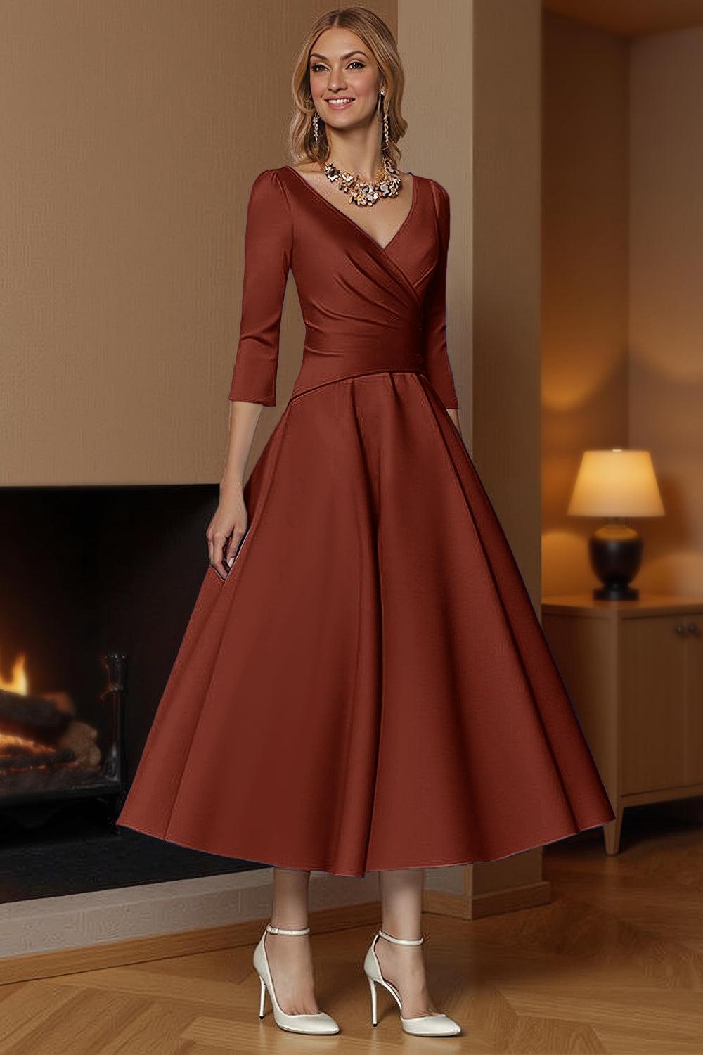Dreamyannie Champagne A Line Ankle Length Satin Mother Of The Bride Dress With Sleeves