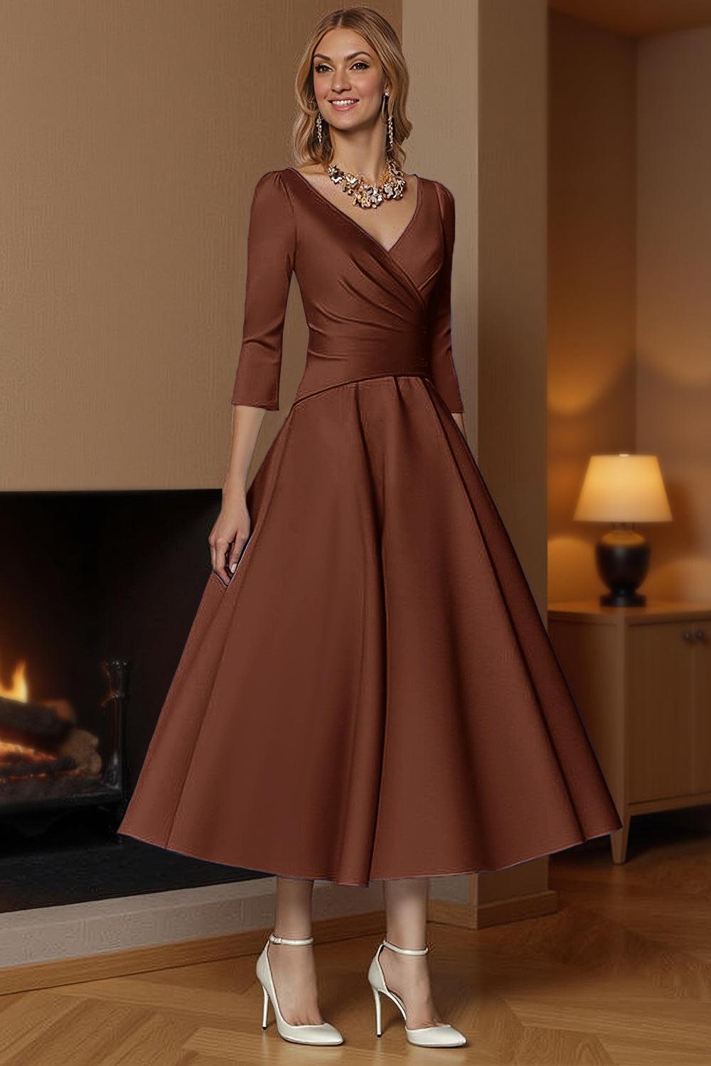 Dreamyannie Champagne A Line Ankle Length Satin Mother Of The Bride Dress With Sleeves