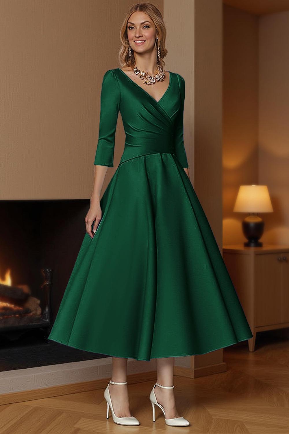 Dreamyannie Champagne A Line Ankle Length Satin Mother Of The Bride Dress With Sleeves