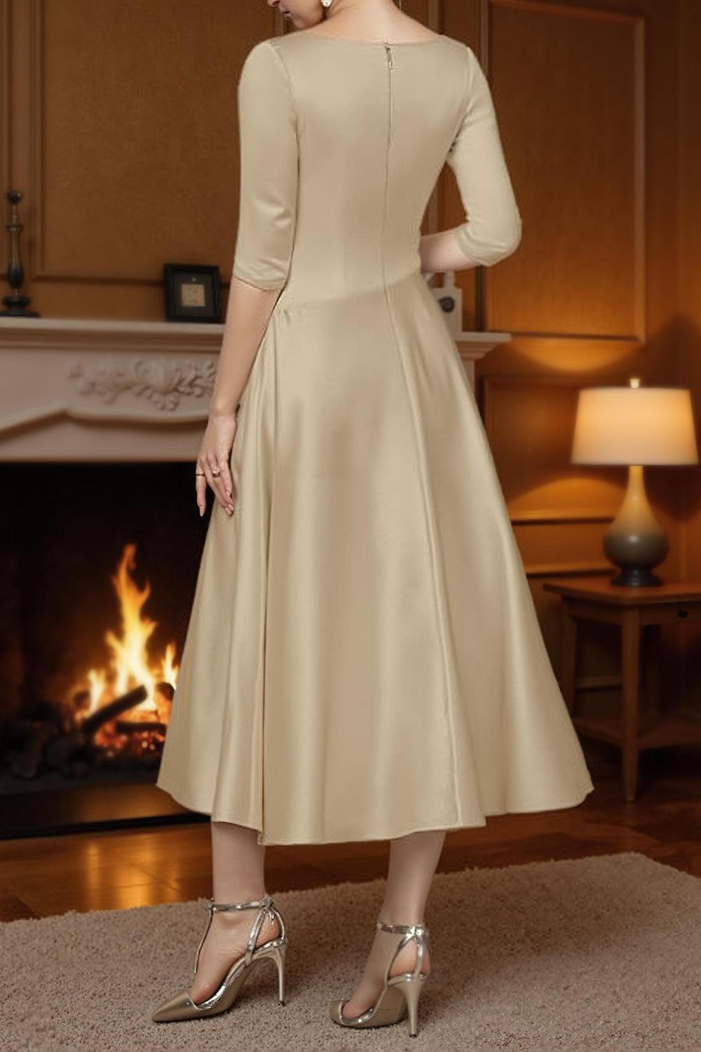 Dreamyannie Champagne A Line Ankle Length Satin Mother Of The Bride Dress With Sleeves