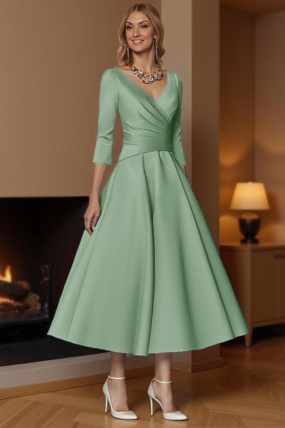 Dreamyannie Champagne A Line Ankle Length Satin Mother Of The Bride Dress With Sleeves