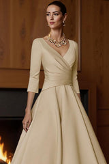 Dreamyannie Champagne A Line Ankle Length Satin Mother Of The Bride Dress With Sleeves