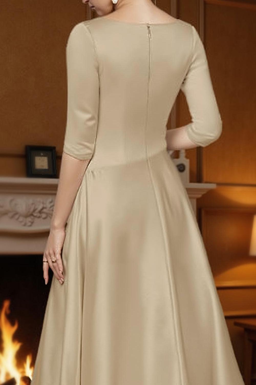 Dreamyannie Champagne A Line Ankle Length Satin Mother Of The Bride Dress With Sleeves