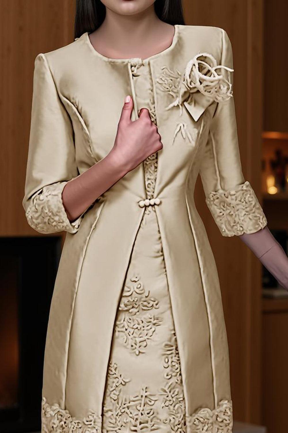 Dreamyannie Champagne Bodycon Boat Neck 2 Piece Midi Mother Of The Bride Dress With Jacket