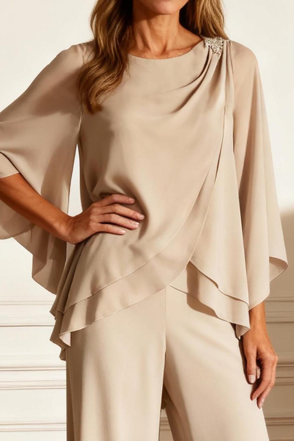 Dreamyannie Champagne Chiffon Boat Neck 2 Piece Mother Of The Bride Pant Suits