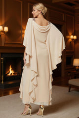Dreamyannie Champagne Chiffon Ruffled Cowl Neck Sheath Ankle Length Mother Of The Bride Dress