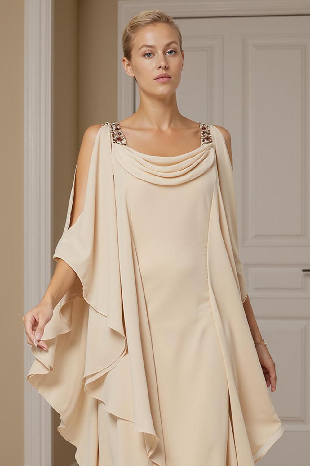 Dreamyannie Champagne Chiffon Ruffled Cowl Neck Sheath Ankle Length Mother Of The Bride Dress
