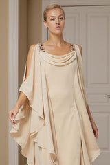 Dreamyannie Champagne Chiffon Ruffled Cowl Neck Sheath Ankle Length Mother Of The Bride Dress