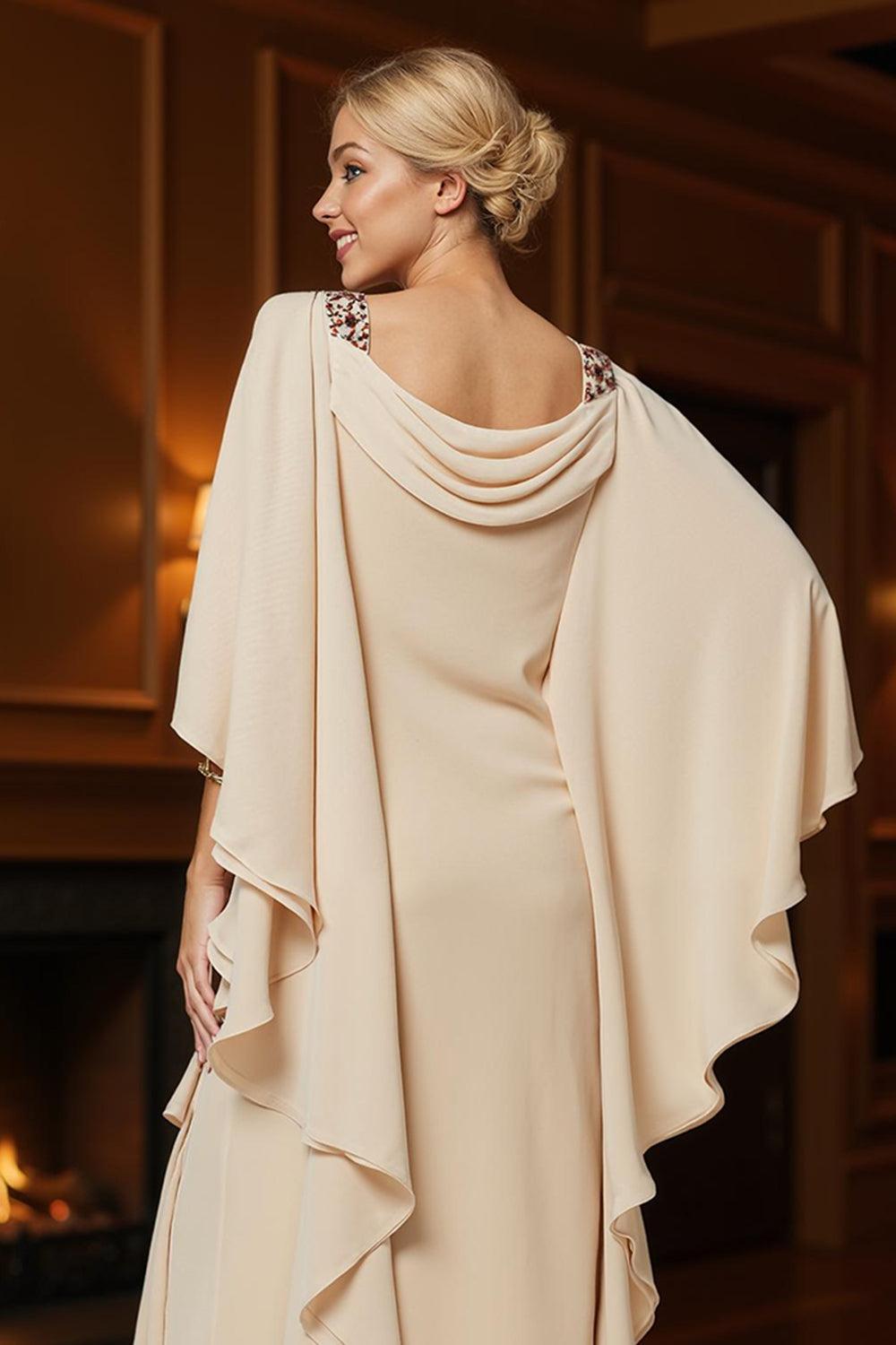 Dreamyannie Champagne Chiffon Ruffled Cowl Neck Sheath Ankle Length Mother Of The Bride Dress