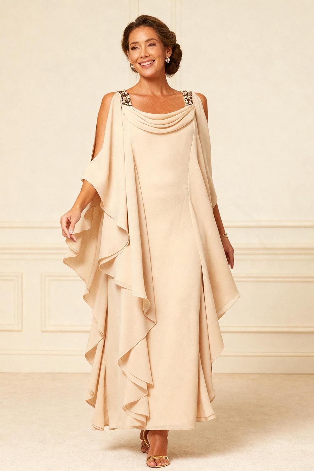 Dreamyannie Champagne Chiffon Ruffled Cowl Neck Sheath Ankle Length Mother Of The Bride Dress