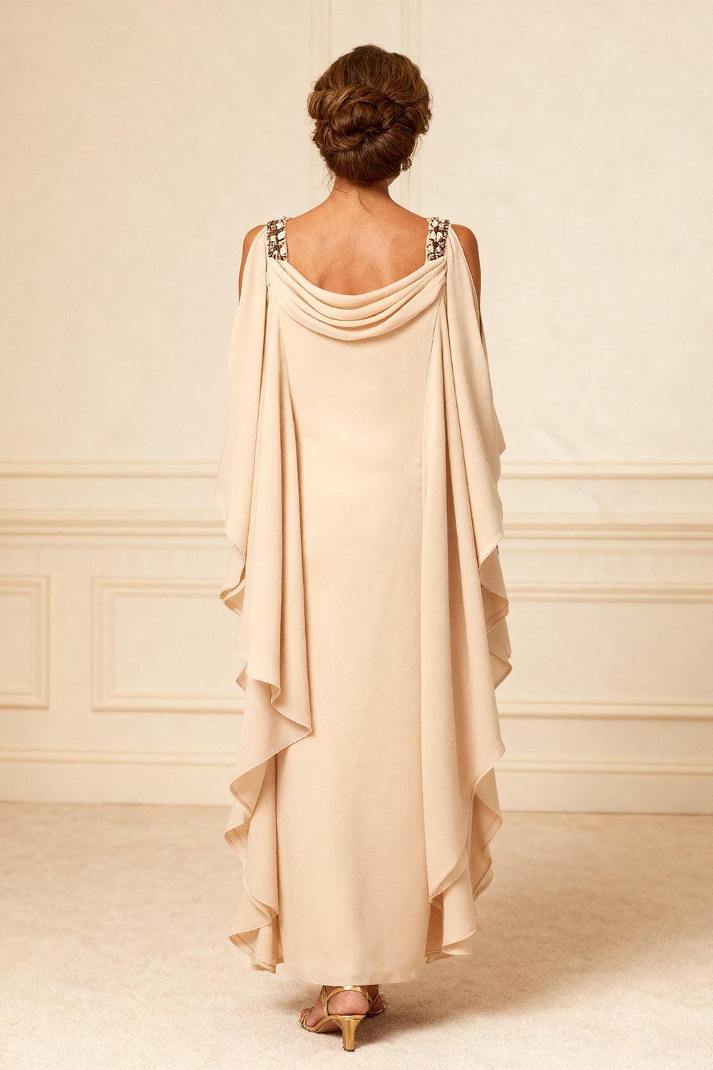 Dreamyannie Champagne Chiffon Ruffled Cowl Neck Sheath Ankle Length Mother Of The Bride Dress