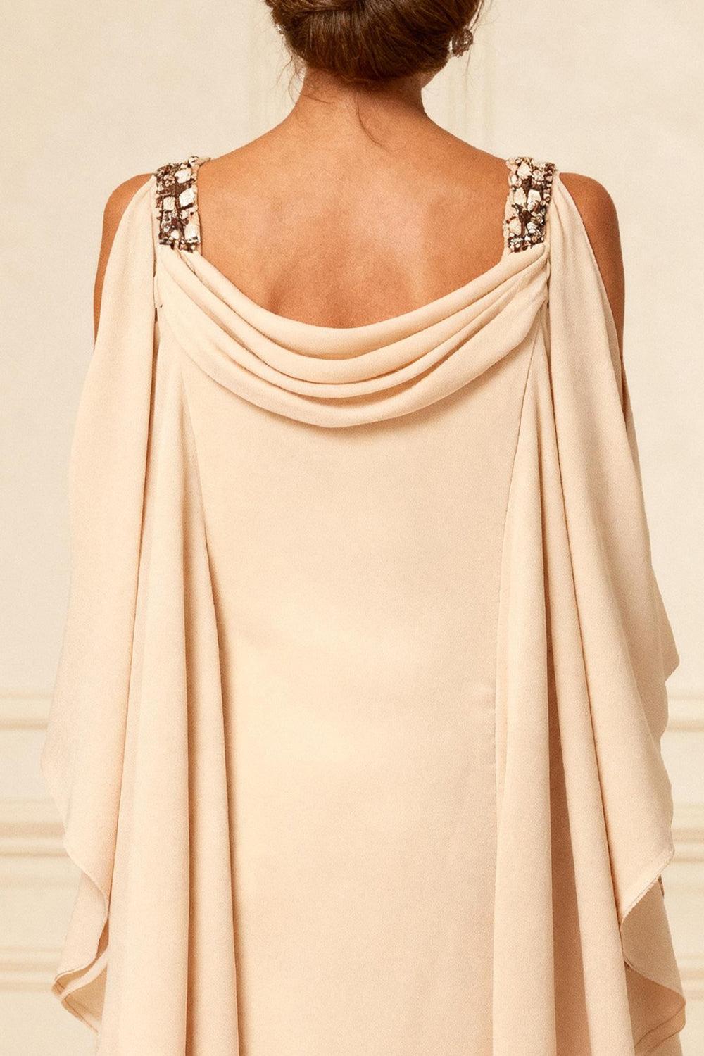 Dreamyannie Champagne Chiffon Ruffled Cowl Neck Sheath Ankle Length Mother Of The Bride Dress